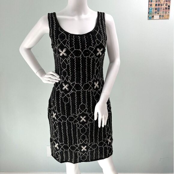 Vintage Laurence Kazar Black Beaded Art Deco Style Silk Cocktail Dress size L - Picture 1 of 12